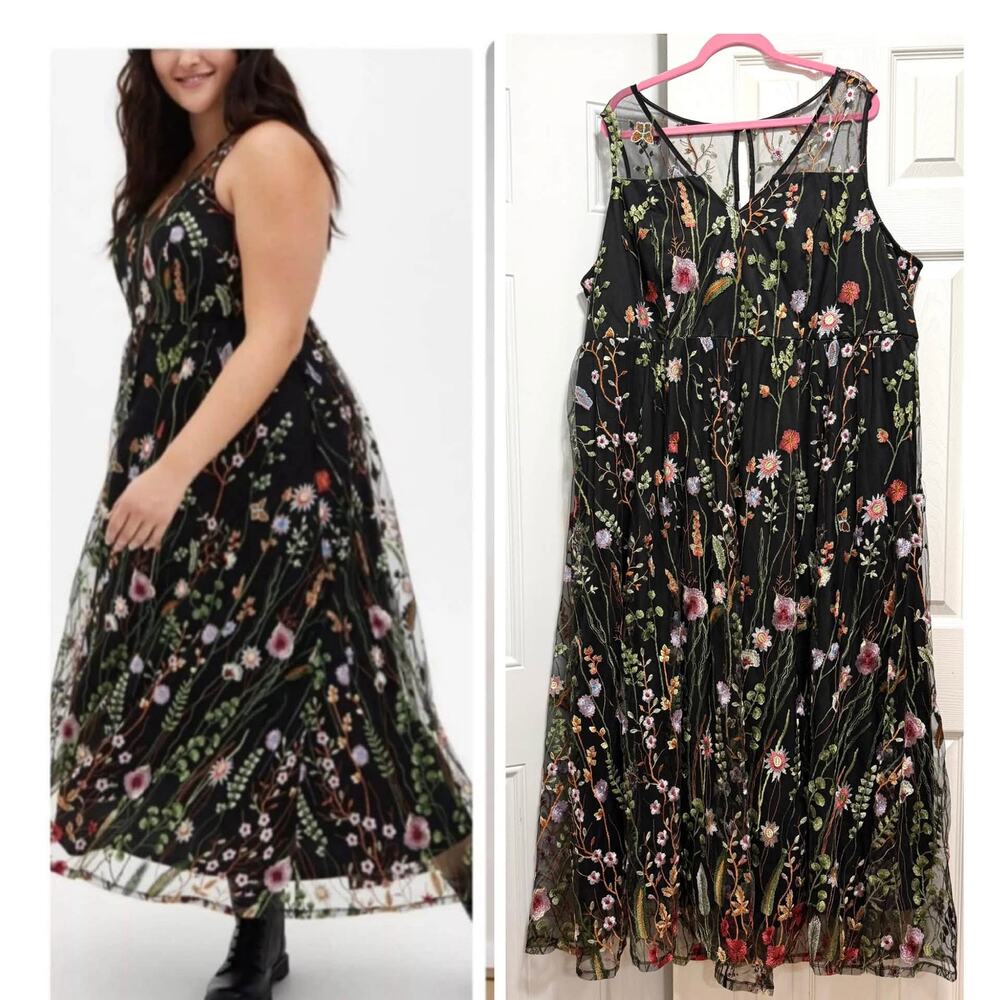 Torrid Size 24 Black Floral Embroidered Mesh Overlay Formal Cocktail Maxi Dress